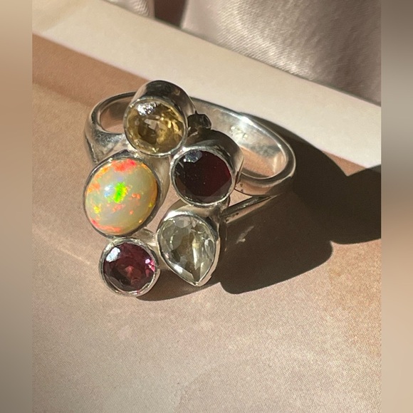 925 silver and natural Opal multi gemstone ring Adjustable Ring!! OS “VIBES” - Picture 10 of 16